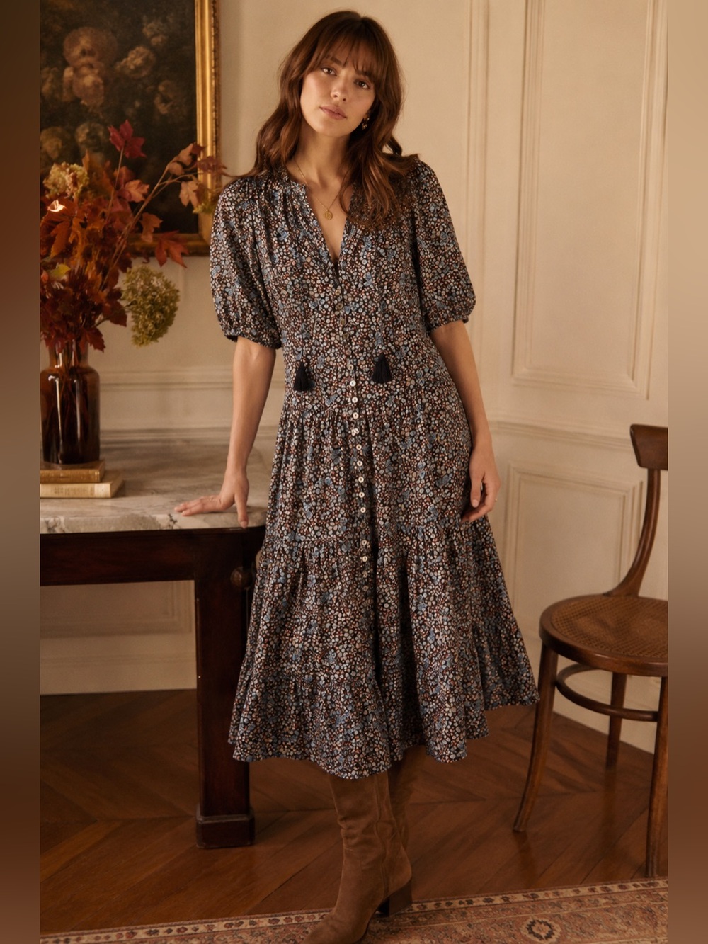 Spell Poppy Smock Floral Navy Cotton Dress Button Mother of Pearl Small
